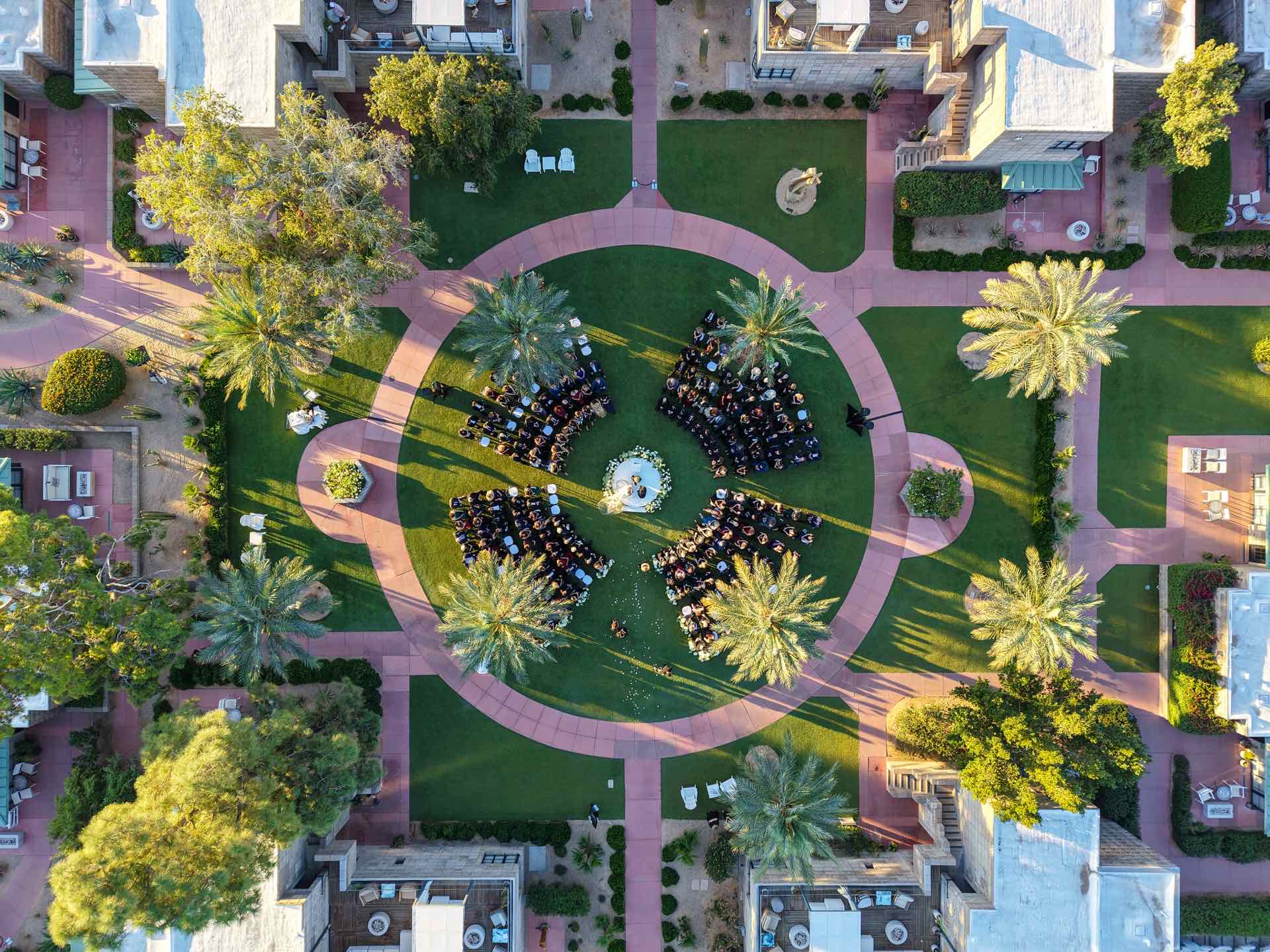 Aerial drone footage of wedding reception and celebration